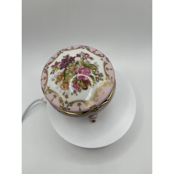 Porcelain Hand Painted Trinket Box Hinged Lid 4 Pedestal Legs Pink Floral VTG - Picture 16 of 16